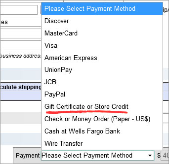 drop down menu with payment options displayed