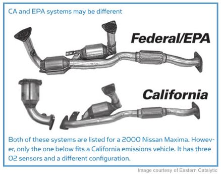 Both of these systems are listed for a 2000 Nissan Maxima. Howeverr, only the one below fits a California emissions vehicle. It has three 02 sensors and a different configuration.